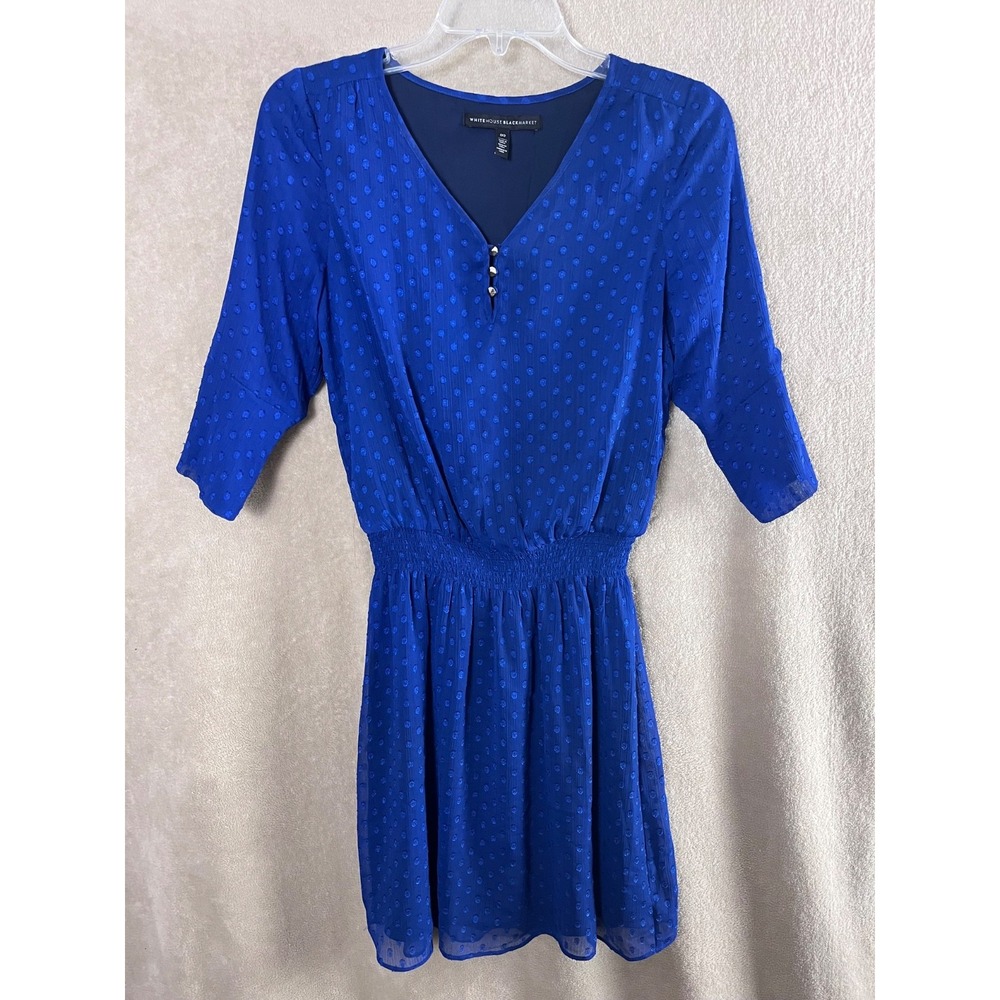 White House Black Market Dress Women's Size 00 Blue Swiss Dot Smocked Waist
